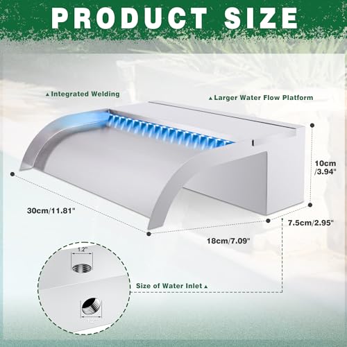 Waterfall Pool Fountain, LONGRUN Stainless Steel Waterfall Spillway for Pools and Ponds - 11.8" Wide Decorative Water Feature for Swimming Pools, Koi Ponds, and Garden - size: 11.8 inch Stainless Steel(Curved)