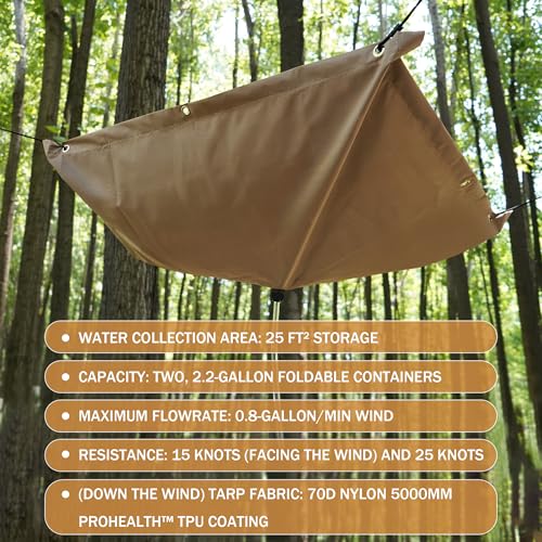 Tredre Hanging Rainwater Collection Kit: 5x5FT Waterproof Tarp & 2.2 Gal Foldable Water Tank | Portable Water Storage for Camping, Hiking, Emergency Survival | Garden, Off-Grid Use