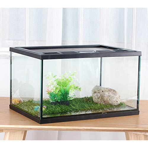 Frogs Glass Terrarium Feeding kit Tank, 15.7×11×9 inches, for Reptile Amphibians, Insect, Horned Frogs, Waterweed Prairie Style Habitat, with Green Artificial Turf Pad, Natural Volcanic Rock | Mesh Top Ventilation, Feeding Port, Lockable Lid, For Small Ho