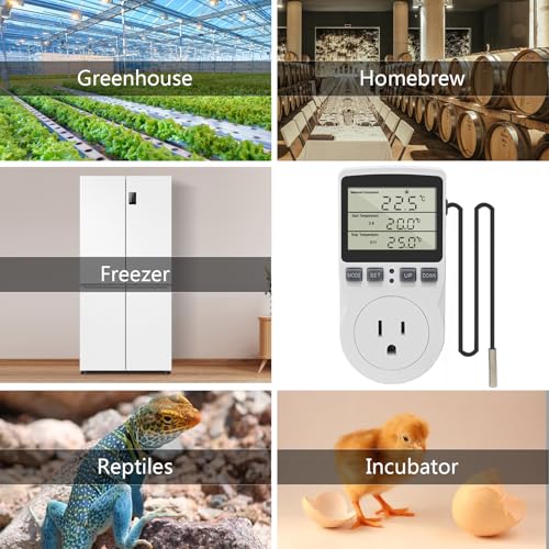 KETOTEK Digital Thermostat Outlet Plug Temperature Controller Outlet Socket 120V Heating Cooling Control 110V 15A Celsius Fahrenheit Display White - style: Non-backlit Style