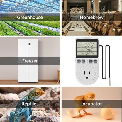 KETOTEK Digital Thermostat Outlet Plug Temperature Controller Outlet Socket 120V Heating Cooling Control 110V 15A Celsius Fahrenheit Display White - style: Non-backlit Style