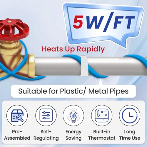 MAXKOSKO 18ft Self Regulating Heat Tape for Water Pipes Heating Cable | Heat Trace Cable with Thermostat Keeps Water Flowing at -40°F, Freeze Protection for Metal & Plastic Pipes,120V 5W/ft - color: 18-feet