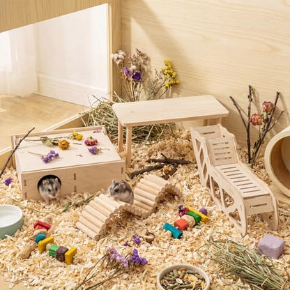 BreezeHug 4 Pcs Hamster Cage Accessories Hamster Platform Hideout Wooden Tunnel Ladder Playhouse Game Climbing Toy with Platform for Pets Dwarf Syrian Mice Degus Gerbils Squirrel(Enclosure) - style: Enclosure