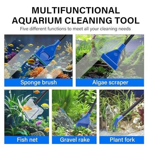 5 in 1 Fish Tank Cleaner Kit Aquarium Cleaning Tools with 22~32 Inch Extendable Non-Slip Handle Fish Tank Cleaner with Algae Scraper and Fish Net - size: Length 22-32inch(extendable)