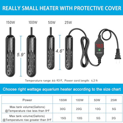YukiHalu Aquarium Heater 25/50/100/150W with Protective Cover, Mini Fish Tank Heater with External Controller, Temperature Adjustable, Digital Display, Used for 5/10/20/30 Gallons (50W-10Gallon) - size: 50W-10Gallon
