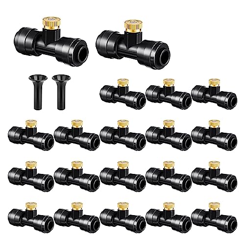 Brass & Black Misting Nozzles Kit - 20pcs Mister Nozzles & Tees with 2pcs Plugs for 1/4" Tubing and Outdoor Patio System