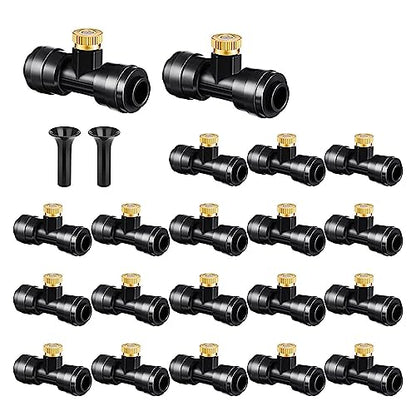 Brass & Black Misting Nozzles Kit - 20pcs Mister Nozzles & Tees with 2pcs Plugs for 1/4" Tubing and Outdoor Patio System