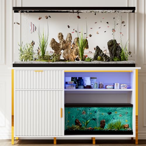 55-75 Gallon Fish Tank Stand, Aquarium Stand with LED Light, White & Gold | 49 x 20 In Top, Modern Fluted Design, 2 Outlets, 2 USB Ports, Shelf Storage, Metal Frame Support, 1100 LBS, Turtle Tank Stand - color: White and Gold