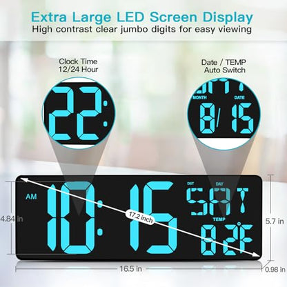 XREXS 17.2 Inch Large Digital Wall Clock with Remote Control | LED Large Display Count Up & Down Timer, Adjustable Brightness Alarm Clock with Day/Date/Temperature for Home, Gym, Classroom - color: Ice Blue