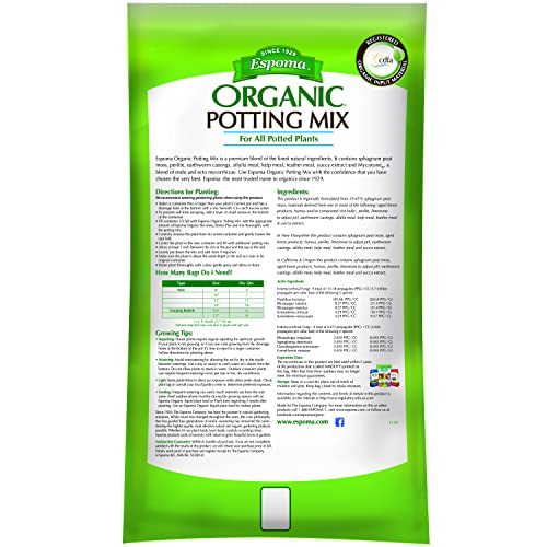 Espoma Organic Potting Soil Mix - All Natural Potting Mix for All Indoor & Outdoor Containers Including Herbs & Vegetables. for Organic Gardening, 16 qt. Bag. Pack of 1