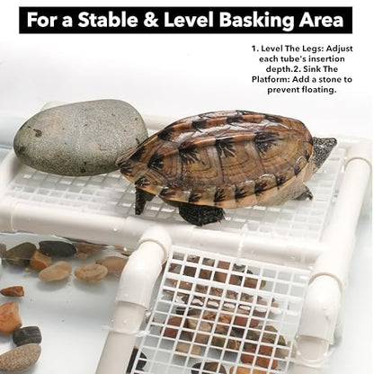 Standing Turtle Basking Platform, Plastic Short Legs Floating Platform for Low Water Level Tank, 10" Width Resting Area, Turtle Docks for Basking with DIY PVC Pipes, Ramp for Reptile Frog Terrapin