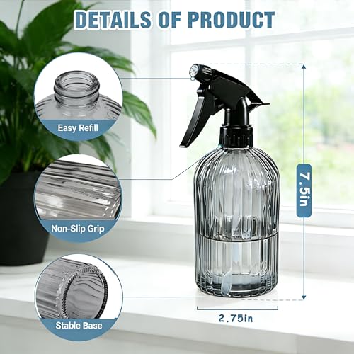 Glass Handheld Spray Bottle, 13.5oz Refillable Plant Mister Bottle 2 Pack, Water Spray Bottle with Adjustable Mist Nozzle for Outdoor Gardening, Indoor Flowers, Cleaning, Hair & Pets Care (Grey) - color: Gray