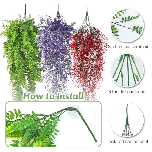 PINVNBY 3 Pack Reptile Plants Terrarium Hanging Fake Vines with Suction Cup Artificial Leaves for Bearded Dragons Lizards Geckos Snake Hermit Crab (Green, Purple and Red) - color: 3 Pcs ( Green, Purple and Red )