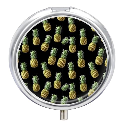 Small Travel Pill Box, Upside Down Pineapple Tropical Fruits Round Metal Organizer, 3-Compartment Case for Fish Oil, Pocket Purse Dispenser for Vacation - color: Style (620)