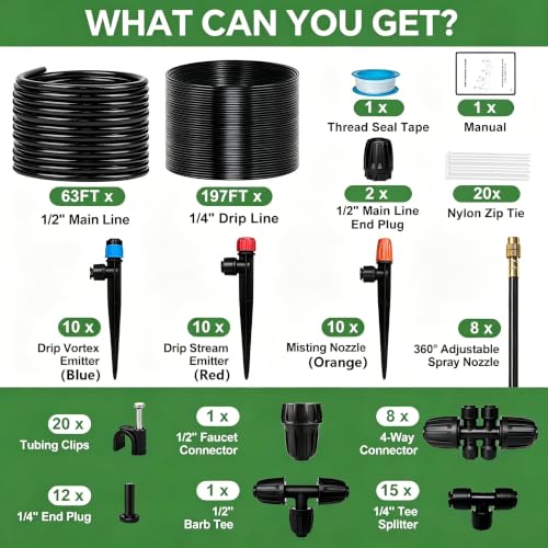260FT Drip Irrigation System for Garden with 38pcs Adjustable Copper Nozzles & Emitters, Automatic Garden Watering System with 1/2" & 1/4" Tubing for Raised Bed, Yard, Greenhouse, Potted Plants, Lawn - size: 63FT 1/2'' Main Tube + 197FT 1/4'' Drip Tube