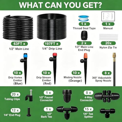 260FT Drip Irrigation System for Garden with 38pcs Adjustable Copper Nozzles & Emitters, Automatic Garden Watering System with 1/2" & 1/4" Tubing for Raised Bed, Yard, Greenhouse, Potted Plants, Lawn - size: 63FT 1/2'' Main Tube + 197FT 1/4'' Drip Tube