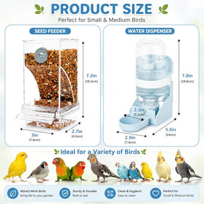 Rypet No-Mess Bird Feeder and Water Dispenser Set for Small Birds | Automatic Bird Feeder, Transparent Acrylic Food Container, Helps Reduce Seed Scatter, for Parakeet Cockatiel Parrot Canary - color: White Feeder + Blue Drinking Bottle