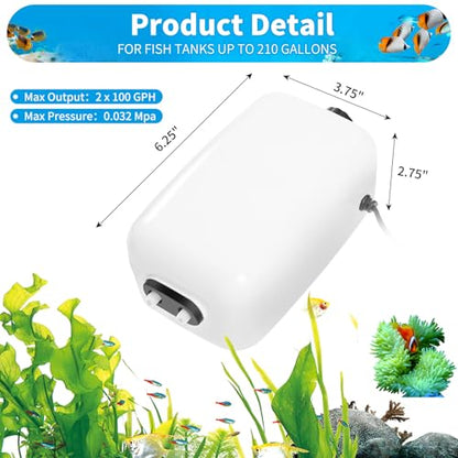 AQUANEAT Aquarium Air Pump for 20-210 Gallon Tank, Fish Air Bubbler, Hydroponic Oxygen Aerator with Stones, Airline Tubing, Check Valves - size: 150-210 Gallons
