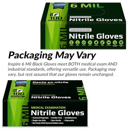 Inspire Black Nitrile Gloves HEAVY DUTY 6 Mil Nitrile Chemical Resistant Medical Cooking Cleaning Disposable Black Gloves - size: Large, style: Black 6mil Box of 100