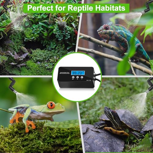 Reptile Misting System, Automatic Timer Sprayer with LCD Controller, Self-Priming Pump, Fine Mist Rainforest Spray for Terrarium, Chameleon, Gecko & Snake