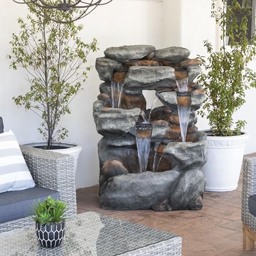 Alpine Corporation WIN1068 Outdoor Floor Rock Water Fountain with LED Lights, 5-Tier Rock Waterfall Fountain 54", Dark Brown - style: 54" H - 5-Tier Cool White LEDs