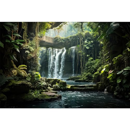 Waterfall Aquarium Background Nature Tropical Plants Tranquil Stream Fish Tank Background Rainforest Lush Green Trees Plants Stone Bridge Reptile Tank Enclosure Backgrounds Wallpaper 24x12in - color: Foggy Green, size: 24(W)x12(H)inches/ 60(W)*30cm(H)