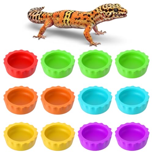 12 Pack Pangea Crested Gecko Food Dish, Reusable Small Reptile Feeding Dish, Water Bowl Crested Gecko Tank Accessories for Hermit Crab Tarantula Isopods Snails Lizard(Silicone, 6 Colors)