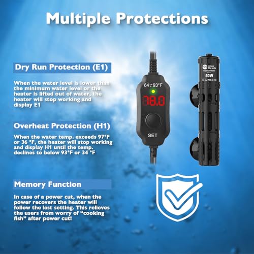 AquaMiracle Submersible Aquarium Heater, 50W Fish Tank Heaters with LED Digital Temp Display, Dry-Run Auto Power-Off & Overheat Protection, for Freshwater and Saltwater Tanks (5-10 Gal) - size: For 5-10 Gal Aquariums