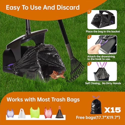 Dog Pooper Scooper with Bags & Dispenser - 37.4" Long Durable Metal Handle Swivel Bin & Rake & Spade Kit, Large Capacity Portable Pooper Scooper for Yards，Easy to Assemble