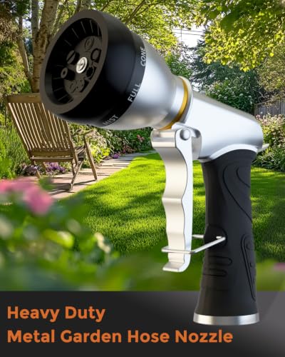 Heavy Duty Metal Garden Hose Nozzle with 7 Spray Patterns | High Pressure Water Sprayer with Ergonomic Handle, Perfect for Watering Plants, Lawns, Washing Cars, Pets & Outdoor Cleaning