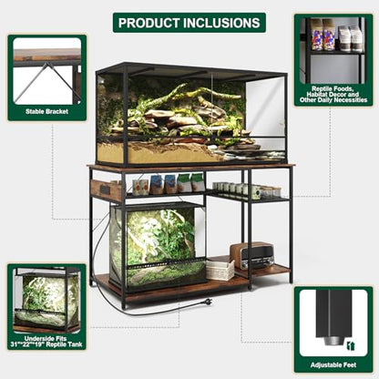 Reptile Tank Stand with Power Outlets，48" X 24" Tabletop Fits up to 120 Gallon Bearded Dragon Enclosure Stand，Double Snake Terrarium Table with Light - color: Rustic Brown