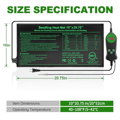 Seedling Heat Mat with Built-in Thermostat 2 Pack, 10" x 20.75" Waterproof Plant Heating Pad with Temperature Controller for Hydroponic,Germination, Indoor Gardening, Greenhouse, MET-Certified - size: 20x10.75*2