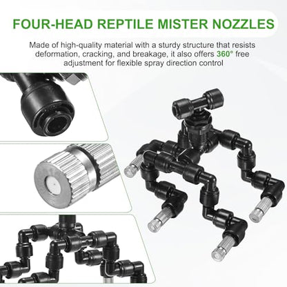 M METERXITY Reptile Mister Nozzles, 0.5mm Pore Copper 1/4" Four-Head Reptile Misting Spray Nozzle with filter Plug for Terrarium/Vivarium, 360 Degree Adjustable Nozzle [Black]