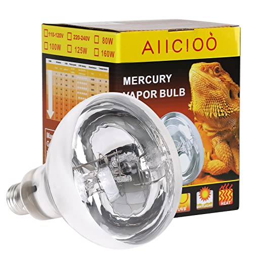 Aiicioo UVB Reptile Light 80W - UVB Light Bulb for Reptile Mercucry Vapor Bulb Heat Basking Lamp Bulb Full Spectrum UVA UVB All in One Sun Lamp for Bearded Dragon Lizard Turtle - style: Mercucry Vapor Bulb 80W