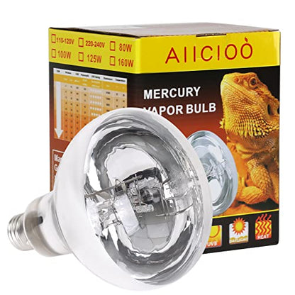 Aiicioo UVB Reptile Light 80W - UVB Light Bulb for Reptile Mercucry Vapor Bulb Heat Basking Lamp Bulb Full Spectrum UVA UVB All in One Sun Lamp for Bearded Dragon Lizard Turtle - style: Mercucry Vapor Bulb 80W