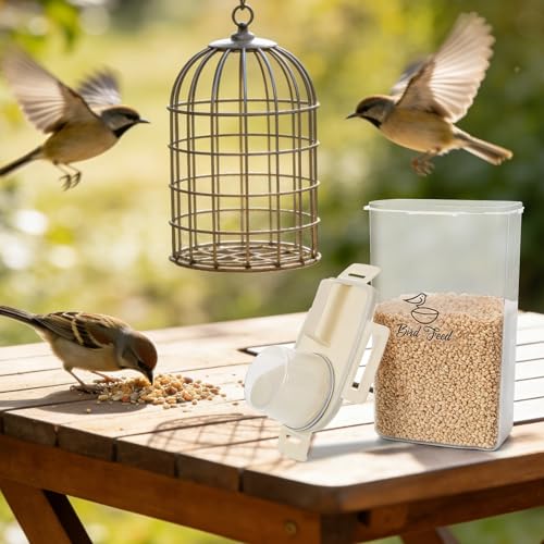 2 Pcs 3.17 Qt/3 L Bird Seed Storage Container Airtight- Portable Bird Food Container with Airtight Measuring Cup, Clear Pet Parrot Seed Dispenser for Birds Food Chicken Feed Storage, Beige Lid