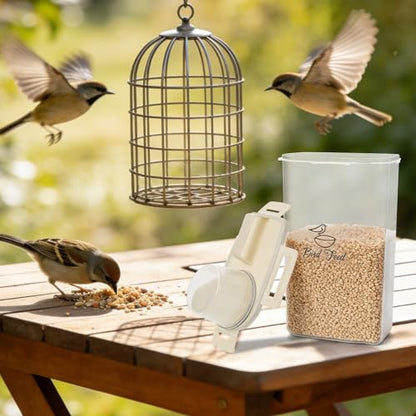 2 Pcs 3.17 Qt/3 L Bird Seed Storage Container Airtight- Portable Bird Food Container with Airtight Measuring Cup, Clear Pet Parrot Seed Dispenser for Birds Food Chicken Feed Storage, Beige Lid
