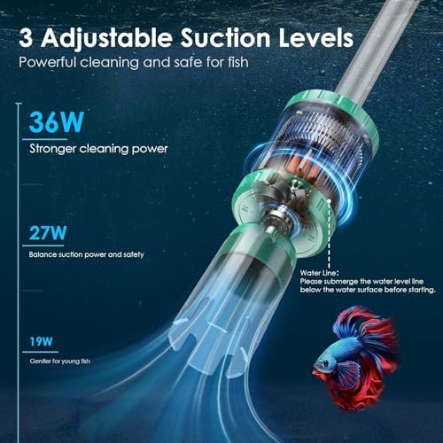 AKKEE Aquarium Vacuum Gravel Cleaner, 36W Electric Fish Tank Cleaner Vacuum, 8 in 1 Multifunctional Aquarium Cleaner for Automatic Water Change, Wash Sand, Water Circulation and Timed Off，Green