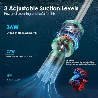 AKKEE Aquarium Vacuum Gravel Cleaner, 36W Electric Fish Tank Cleaner Vacuum, 8 in 1 Multifunctional Aquarium Cleaner for Automatic Water Change, Wash Sand, Water Circulation and Timed Off，Green
