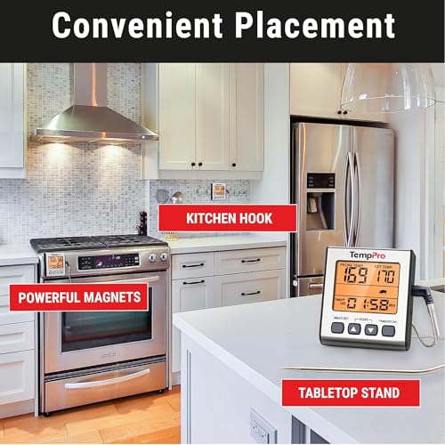 TempPro TempTrack Digital Meat Thermometer for Cooking and Grilling | BBQ Food Thermometer with Backlight and Kitchen Timer, Grill Temperature Probe Thermometer for Smoker, Oven, Baking, Oil - color: Light Silver
