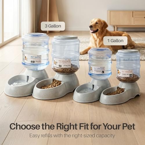 Flexzion Automatic Pet Feeder & Waterer Set of 2 Pack, Self Feeding Replenish Dog Cat Bowls, Gravity Food & Water Storage Container Fountain Jug Pet Supplies Plastic Skid Proof Rubber Feet (1 Gallon) | Self-Replenishing Dry Food Station with Non-Skid Feet