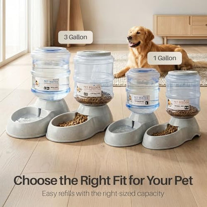 Flexzion Automatic Pet Feeder & Waterer Set of 2 Pack, Self Feeding Replenish Dog Cat Bowls, Gravity Food & Water Storage Container Fountain Jug Pet Supplies Plastic Skid Proof Rubber Feet (1 Gallon) | Self-Replenishing Dry Food Station with Non-Skid Feet