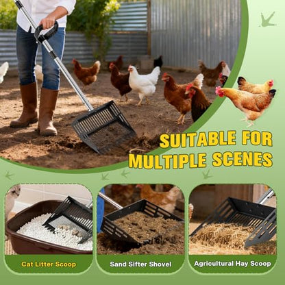 2-in-1 Chicken Poop Scooper & Rake with Ergonomic Non-Slip Handle, Adjustable Stainless Steel Handle (36–63"), Litter Cleaning Tools for Chicken Coop Farm Animals