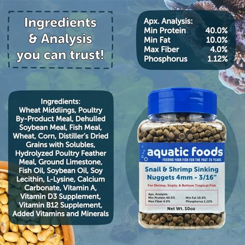 Snail & Shrimp 4mm-3/16 Sinking 40% Protein Nuggets for Snails, Shrimp, Axolotl, Salamanders, All Bottom Tropical Fish...10oz Jar