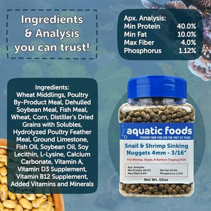 Snail & Shrimp 4mm-3/16 Sinking 40% Protein Nuggets for Snails, Shrimp, Axolotl, Salamanders, All Bottom Tropical Fish...10oz Jar