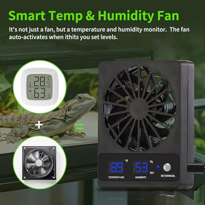 Reptile Ventilation Fan with Hygrometer & Temperature Display, Auto Adjusting Humidity & Temperature, for Aquariums & Insect Tanks, 2-Pack