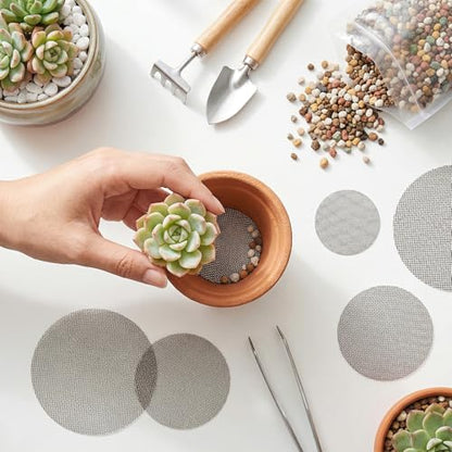 JJUNW 150 Pcs Flower Pot Hole Mesh Pad, 2 3 4 Inch Assorted Sizes Rounds Drainage Hole Mesh Pad, Plant Drainage Screens Gasket for Bonsai Bottom Prevent Soil Leaking