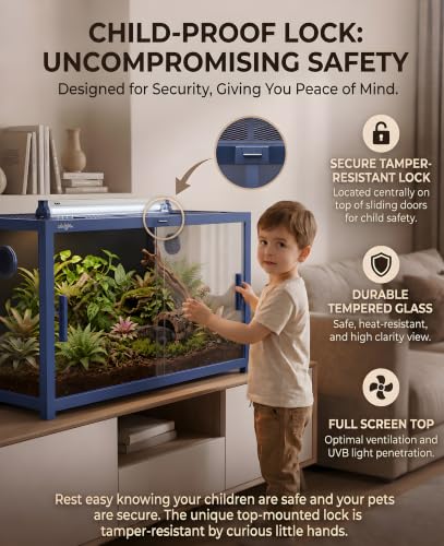 48 Gallon Reptile Tank, Leopard Gecko Reptile Enclosure Front Sliding Door | Stackable ventilation reptile terrariums Tank anti-escape locks and no-fingerprint handles humidification atomization - color: Blue, size: 48 Gallon