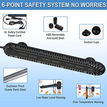 HiTauing Aquarium Heater, 500W Fish Tank Heater with LED Digital Display & 5 Safety Protection, Submersible Aquarium Heater with 2 Suction Cup and 8.2Ft Cord for 75-120 Gallon Fish Tank. - size: 500 Watt Aquarium Heater