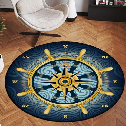 keepcute Compass Nautical Round Rug 5ft, Washable Non-Slip - color: Gold Compass Rose, size: 5' (Round)